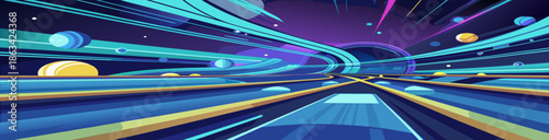Abstract blue background featuring motion blur with colorful futuristic lines and bright energy waves creating a dynamic light pattern for a vector art wallpaper backdrop