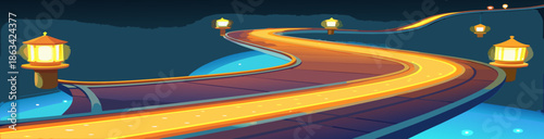 Fast car driving through a night city landscape with blurred Christmas lights along a motion speed highway asphalt road under a dark sky