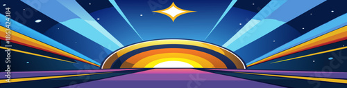 Colorful vector illustration of a bright rainbow wave over a city tunnel of light at night featuring a blue cloudscape and artistic summer landscape design