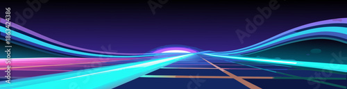 Abstract blue backdrop featuring glowing light rays and digital motion lines creates a dark night sky effect with a blurred planet earth illustration and glowing loop animation design