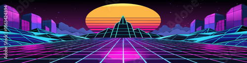 A vibrant rainbow bridge with stairs and a ladder spans the river, illuminating the city architecture and sky as people travel along the road near glowing buildings