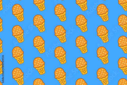 Ice cream cone colorful doodle seamless pattern on blue background set for gelato. Frozen dessert cone cartoon pattern background for cafes. Scoop ice cream isolated illustration motif for culinary