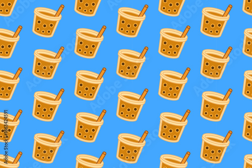Bubble milk tea colorful doodle seamless pattern on blue background set for culinary. Boba Thai tea cartoon pattern background for beverage. Pearl tea drink isolated illustration motif for cafes