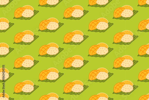 Mango sticky rice colorful doodle seamless pattern on green background set for culinary. Mango rice dish cartoon pattern background for snack. Asian sweet rice isolated illustration motif for cuisine