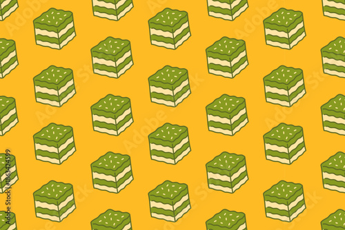 Pandan layer cakes colorful doodle seamless pattern on yellow background set for bakery. Green layer cake cartoon pattern background for cafes. Steamed layered cake isolated motif for culinary