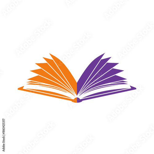 An open book with orange and purple pages symbolizing knowledge and creativity.