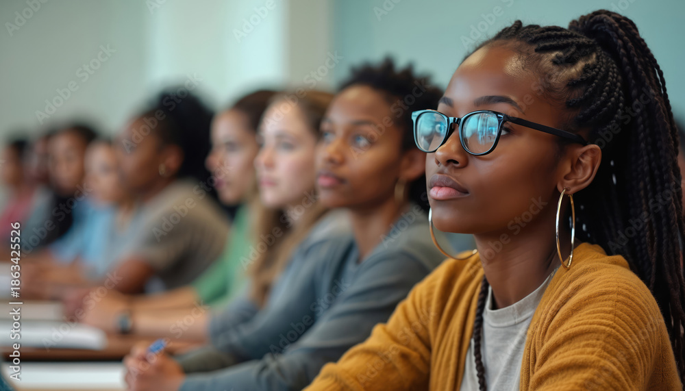 Obraz premium Diverse group of students in classroom setting learning. Young adults pay attention during lesson. Future doctors and nurses study together in lecture hall.