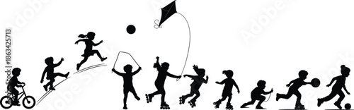Children outdoor activity silhouettes, biking, skating, kite flying, jumping, running, playful motion, black vector, childhood movement, recreation