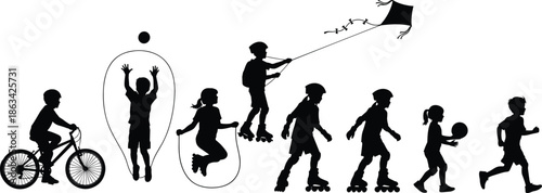 Children silhouette outdoor activities, biking, jumping rope, roller skating, flying kite, running, playing ball, healthy lifestyle, fun