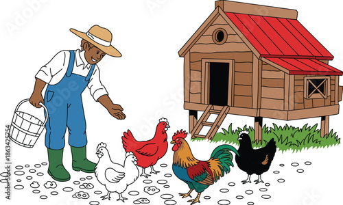 Farmer feeding chickens outside rustic wooden coop, rural lifestyle, poultry care, straw hat, colorful hens, sustainable agriculture, countryside scene