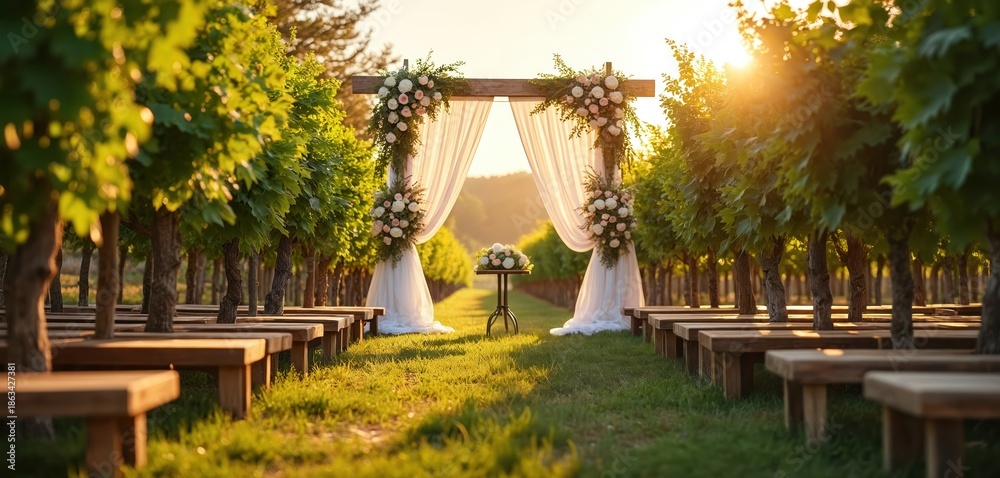 Fototapeta premium Outdoor wedding ceremony setup at vineyard with wooden benches, floral archway. Rows of grape vines, sheer curtains adorn serene aisle. Sunlight streams through trees creating tranquil atmosphere for