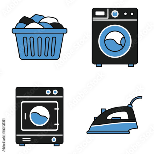 Vector art of set of four flat design icons related to laundry and cleaning, including a washing machine, dryer, laundry basket, and iron