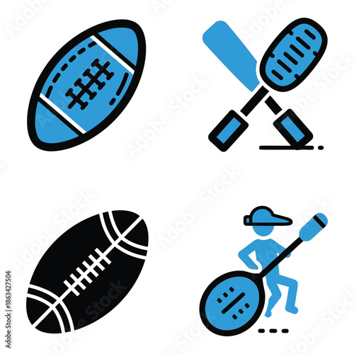 Vector art of set of four sports icons including american football, crossed badminton rackets, another american football, and a person playing badminton