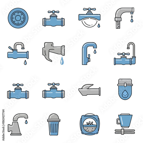 Vector art of collection of plumbing fixtures and waterrelated icons, including various faucets, pipes, and a water filter, isolated on white