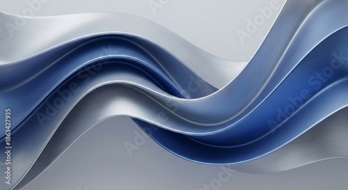 Abstract blue and silver brushed metal waves background, smooth flowing curves with matte finish.