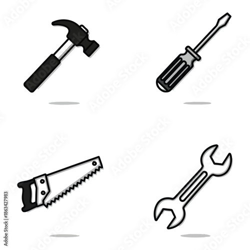 Vector art of set of four construction and repair tool icons hammer, screwdriver, saw, and wrench