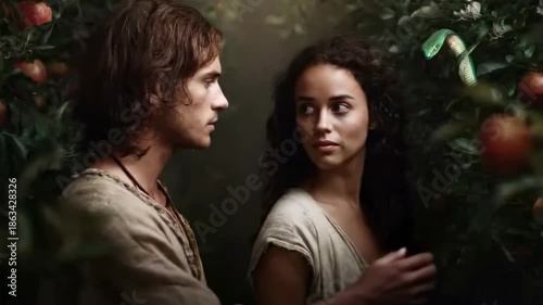 Snake in the Adam and Eve story offers forbidden fruit temptation, Book of Genesis. Bible legend of expulsion from Garden of Eden and original sin