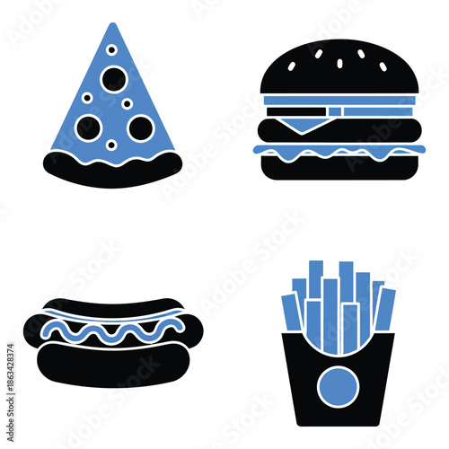 Vector art of fast food icons pizza, burger, hot dog, and fries