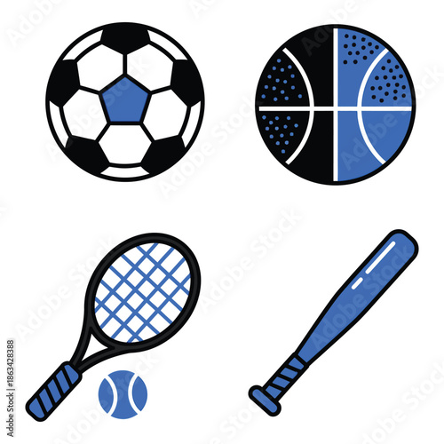Vector art of collection of sport equipment icons including soccer ball, basketball, tennis racket, baseball bat, and tennis ball