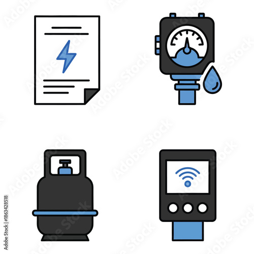 Vector art of collection of four icons related to energy and utilities electricity bill, meter, gas cylinder, and smart device