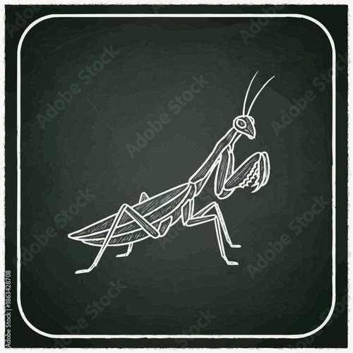Praying mantis illustration displayed on a chalkboard background