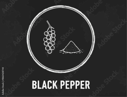 Black peppercorns and powder displayed in a circular arrangement on a chalkboard background