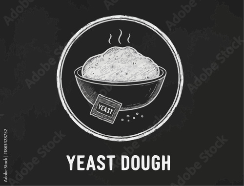 Yeast dough rising in a bowl with a packet of yeast on a chalkboard background