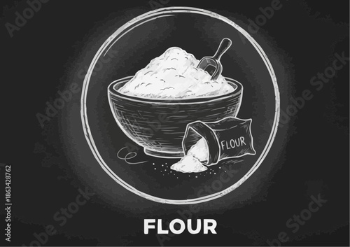 Flour in a bowl with a scoop and a bag on a chalkboard background