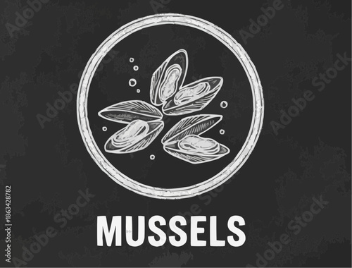 Mussels displayed in a circular arrangement on a chalkboard background