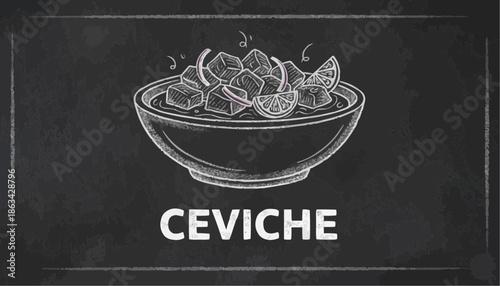 Ceviche served in a bowl with lime and onions on a chalkboard background