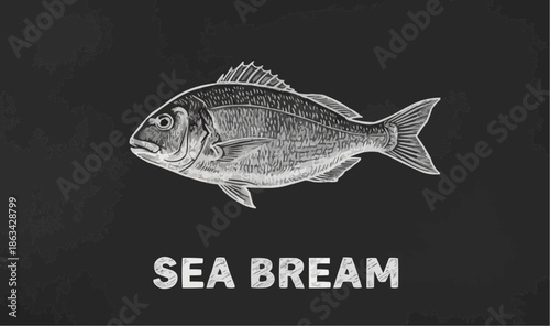 Sea bream fish displayed on a chalkboard background

