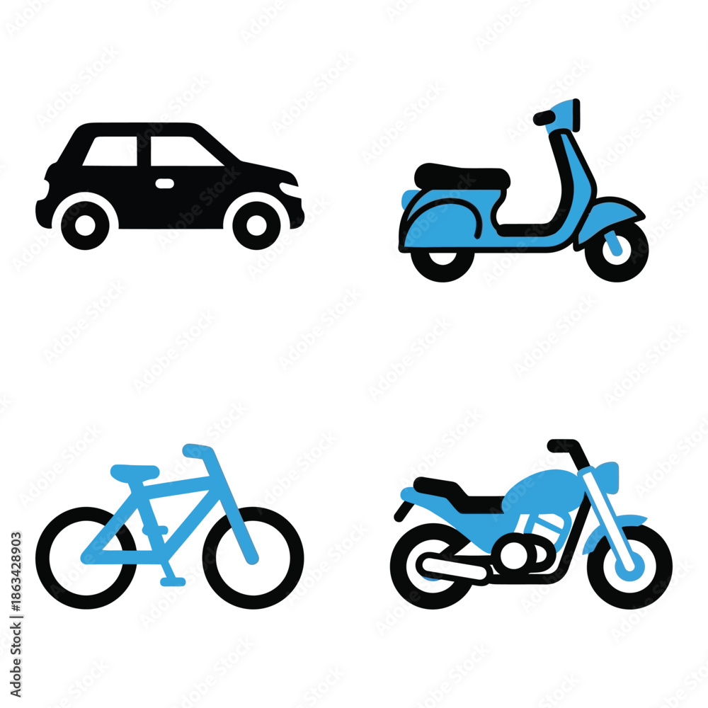 Obraz premium Vector art of set of four transportation icons including a car, scooter, bicycle, and motorcycle