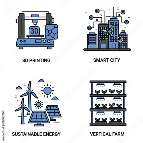 Vector art of icons representing modern technology 3d printing, smart city, sustainable energy, and vertical farm