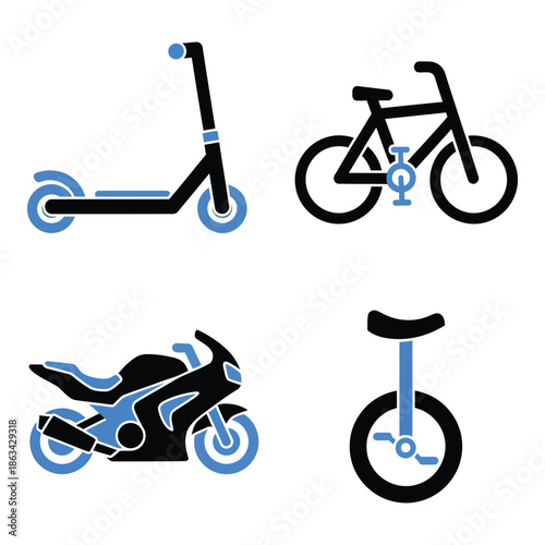 Vector art of set of four modern transportation icons including a scooter, bicycle, motorcycle, and unicycle