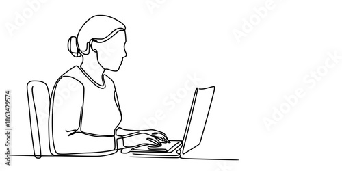 Focus Mode: Minimalist Workstation Sketch, A continuous line drawing of a person seated at a desk, working on a laptop