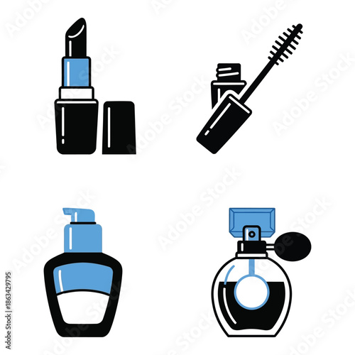 Vector art of set of four cosmetic icons lipstick, mascara, lotion dispenser, and perfume bottle