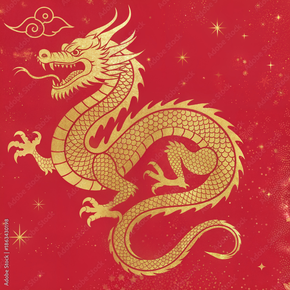 Fototapeta premium Ornate Golden Dragon Graphic Illustration on Red Starry Background