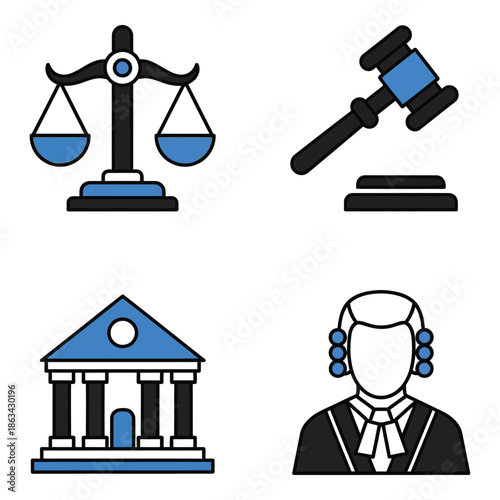 Vector art of set of four blue and black legal icons including scales of justice, gavel, courthouse, and judge