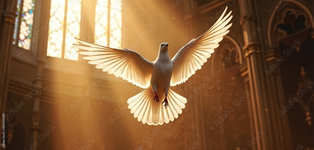 Fototapeta premium White dove with spread wings floats in church interior with sun rays piercing through stained glass window. Holy spirit symbolism peace divine presence faith hope. Gentle bird flies upward.