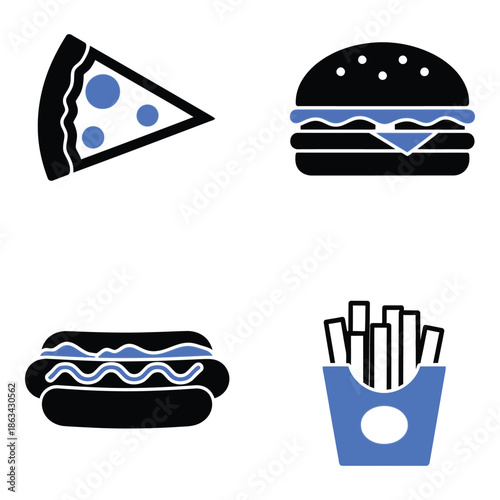 Vector art of four blue and black icons of popular fast food items pizza slice, hamburger, hot dog, and french fries