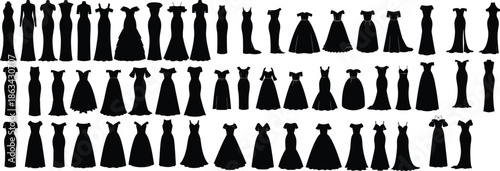 collection of elegant women's evening gowns and dress silhouettes isolated