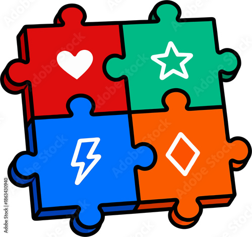 Colorful 2x2 jigsaw puzzle with heart star lightning diamond icons