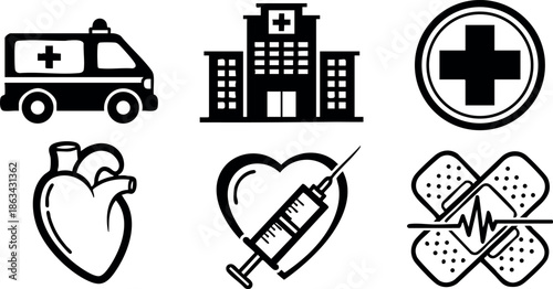 Medical icons set including ambulance hospital heart syringe and first aid symbols for healthcare design vector illustration