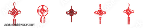 Chinese Knot Lunar Festival Traditional Red Lucky Symbol Flat Vector Icon Collection