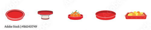 Chinese New Year Red Tray With Fruits And Offerings Vector Illustration