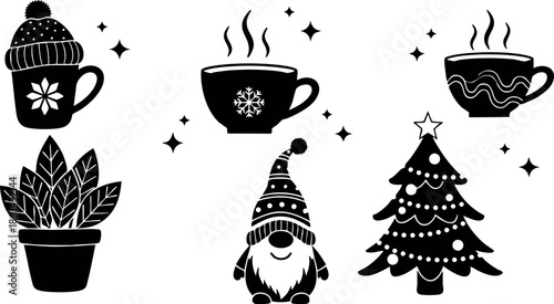 Winter holiday vector set with hot drinks, Christmas tree, gnome, and cozy plant illustrations for festive seasonal design