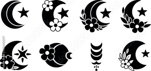 Crescent moon and star vector icons with floral decorations in black silhouette style for design projects and spiritual symbolism
