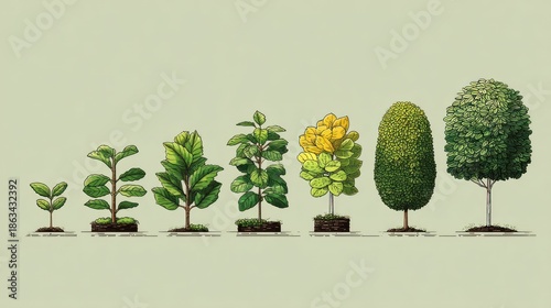 A detailed illustrative sequence showcasing the natural growth stages of a tree, from a small seedling to a large, mature plant, representing environmental evolution and progression