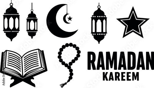 Ramadan Kareem vector set with crescent moon star lantern rosary and holy book icons for Islamic celebration design