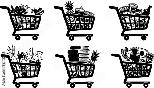 Grocery shopping carts filled with various food items and products vector set for retail and market design